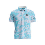 Blue and white camouflage polo shirt on a gray background
